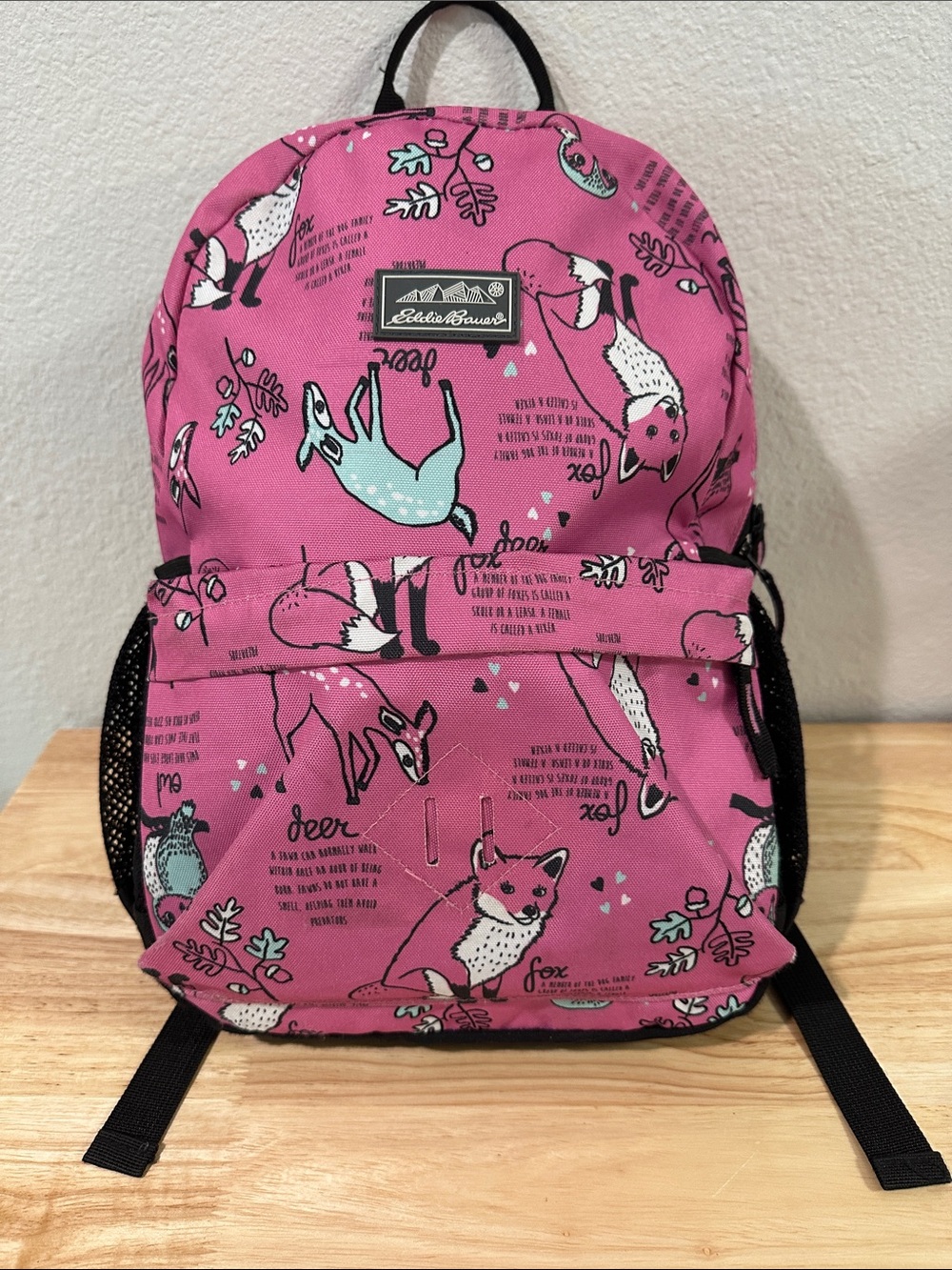 Eddie Bauer Pink Kid’s Backpack with Woodland Animal Theme.
